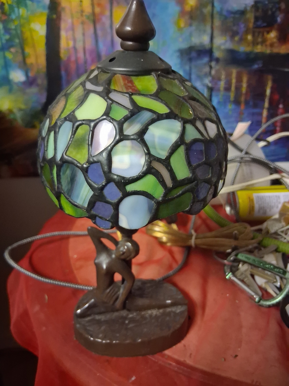Green Mosaic Glass Accent Lamp with Bronze Figurine Base